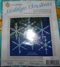 Solid OAK beaded blue clear snowflake Christmas tree ornament kit NIP makes 6