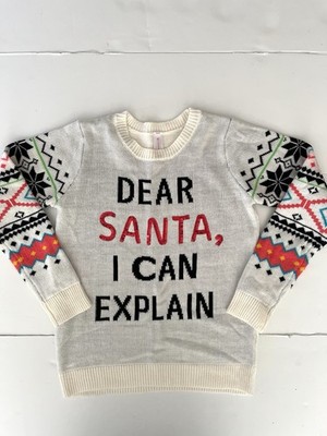 No Baundaries Dear Santa I Can Explain Sweater Girl M(7-9) White Christmas Snow