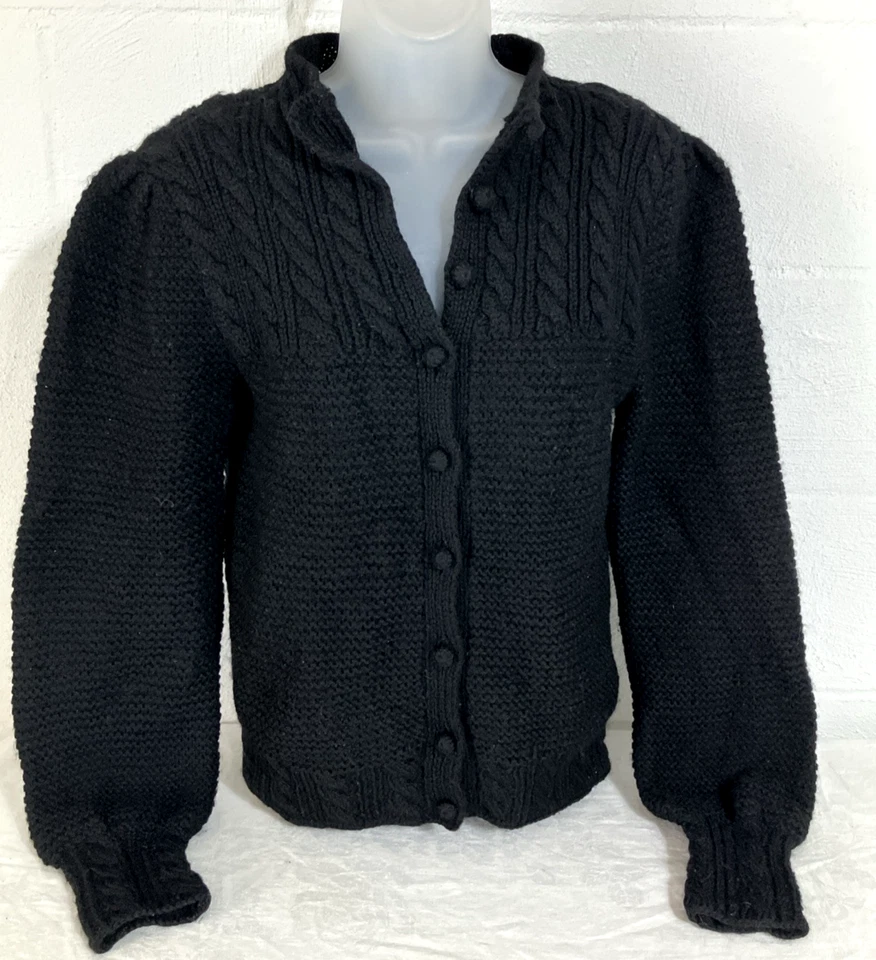 Vtg 80s Brooks Brothers S Black Wool Bobble Popcorn Cable Knit Cardigan Sweater - Image 2 of 4