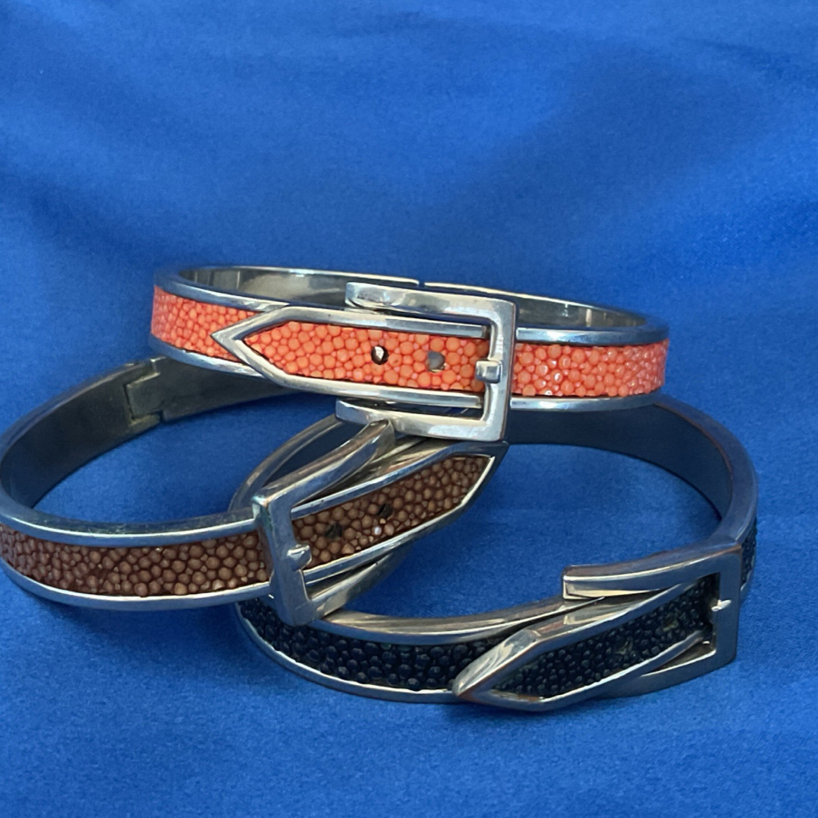 Three Multi-Colored Shagreen Cuff Bangle Bracelets - image 1