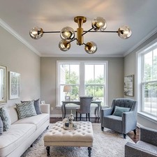 Gold 6-Light Sputnik Semi-Flush Mount Chandelier / Smoky dimpled Glass globe