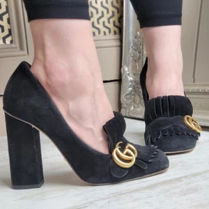 Gucci Marmont GG noir daim franges talons sandales chaussures escarpins EU 38,5 UK 5,5