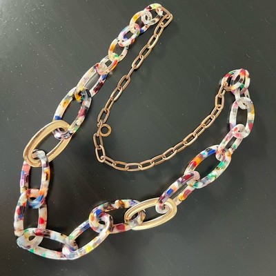 Confetti Acrylic Link Statement Necklace Gold Tone Chain Rush Denis & Charles 38
