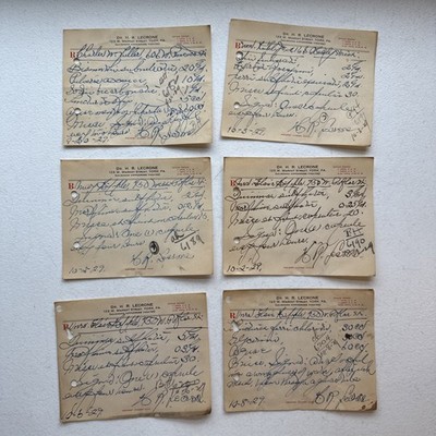 Lot Of 6 Antique 1920 s Dr. H. R. Lecrone York, PA Pharmacy Prescription Slips
