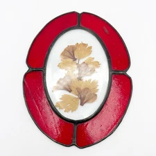 Vtg Handmade Oval Dry Pressed Leaves Glass Sun Light Catcher Red Cottage