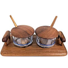 Vintage Genuine Teak Goodwood Tray Condiment Jam Relish Glass Jars Spoons MCM