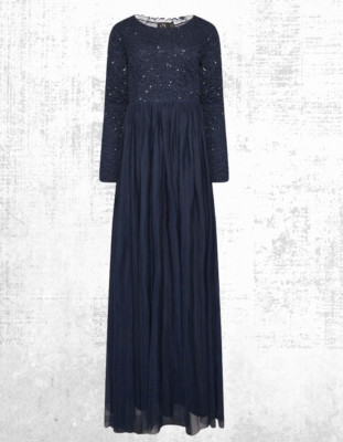 Ex Damen Tall Langarm Pailletten Handverziert Maxikleid in Marineblau