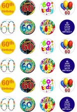 24 x PRECUT HAPPY 60TH/60 YEARS OLD BIRTHDAY RICE/WAFER PAPER CUP CAKE TOPPERS