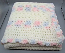 Handmade White Pink & Blue Crochet Baby Crib Toddler Blanket Lap Throw 45x53