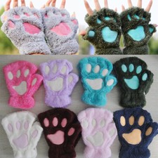 Cat Claw Bear Paw Gloves Women Warm Plush Faux Fur Cashmere Fingerless Mittens