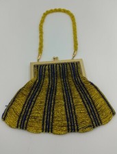 Vtg Art Deco Hand Beaded Blue Gold Steel Cut 1920 s Flapper Purse Beaded Strap