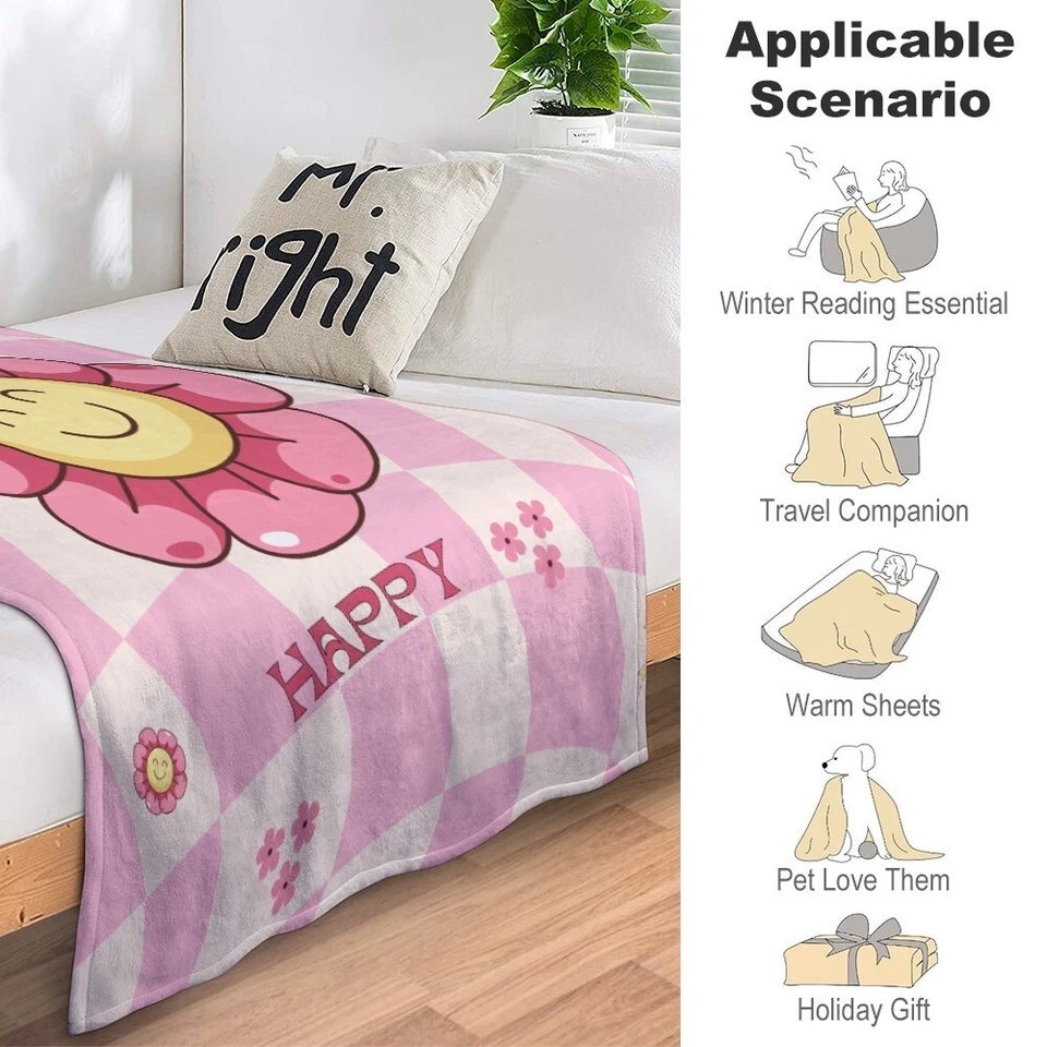 Personalized Groovy Pink and White Plaid Happy Flower Throw Blanket - Image 4 of 4
