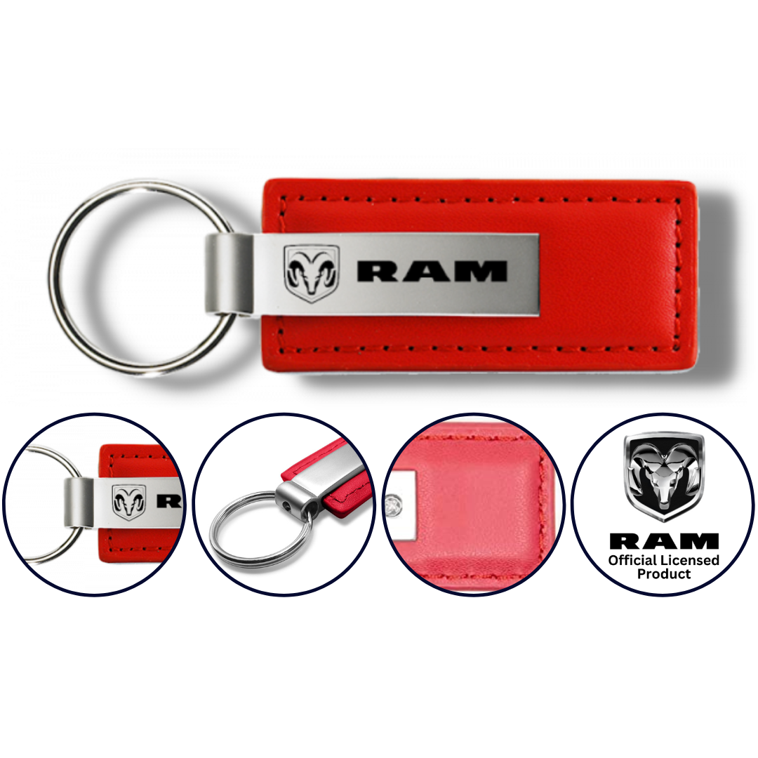 Ram Emblem Red Leather Key Fob Authentic Logo Key Chain Ring