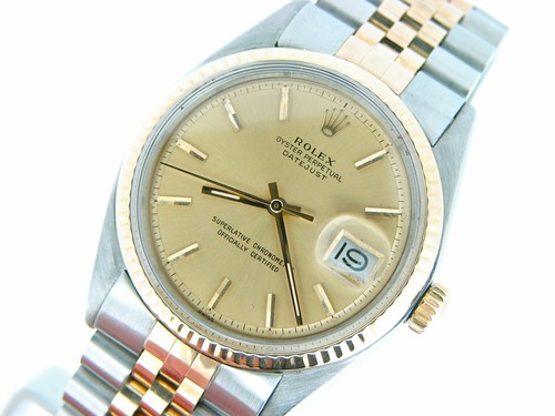 An image depicting Rolex Datejust Mens 2Tone Stainless Steel Yellow Gold Watch Champagne Dial 1601