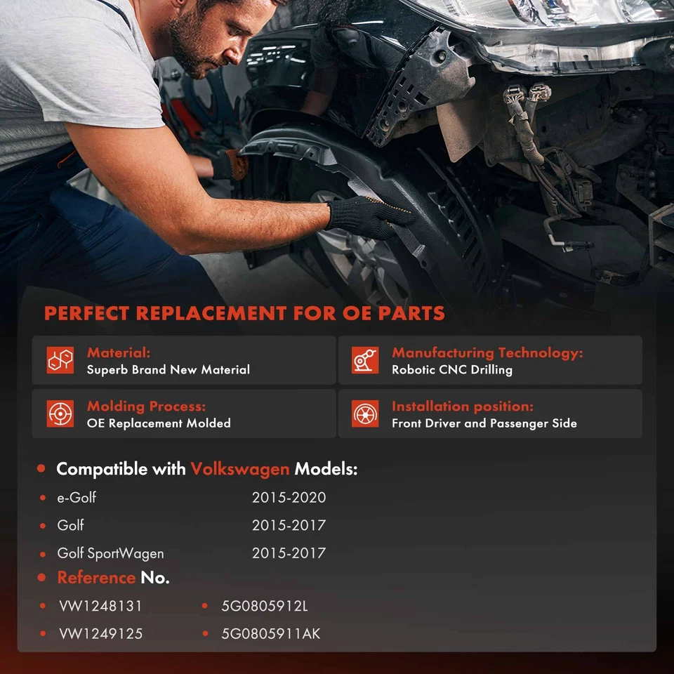 2x Forros de guardabarros interiores delanteros protector contra salpicaduras para Volkswagen Golf 2015-2017 e-Golf Foto 2 de 4