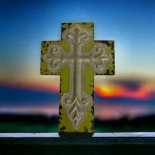 Rustic Cross Weathered Distressed Wood/Metal Wall Hanging Green Fleur de lis