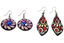 Tibetan Big Earrings Gold Plated Multi Gemstone 2 Pairs Napali Handmade Jewelry
