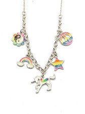 Multicolor Glitter Enamel Charm Necklace 19  Silver Tone Unicorn Rainbow Flower