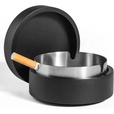 Portable Windproof Wooden Ashtray with Lid and Stainless Steel Decorative