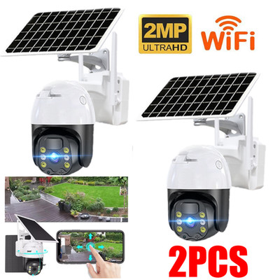 2 PACK WiF Solar Battery Powered Wireless Security Camera Sys Outdoor 3MP PTZ