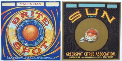2 Vtg Sunkist Orange Crate Labels Greenspot Citrus Western Litho 1930 Original
