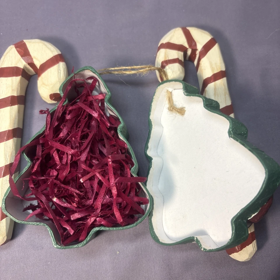 Christmas Santa Papier-Mâché Ornament Box Primitive With (2) Wood Candy Canes ￼ - Image 4 of 4