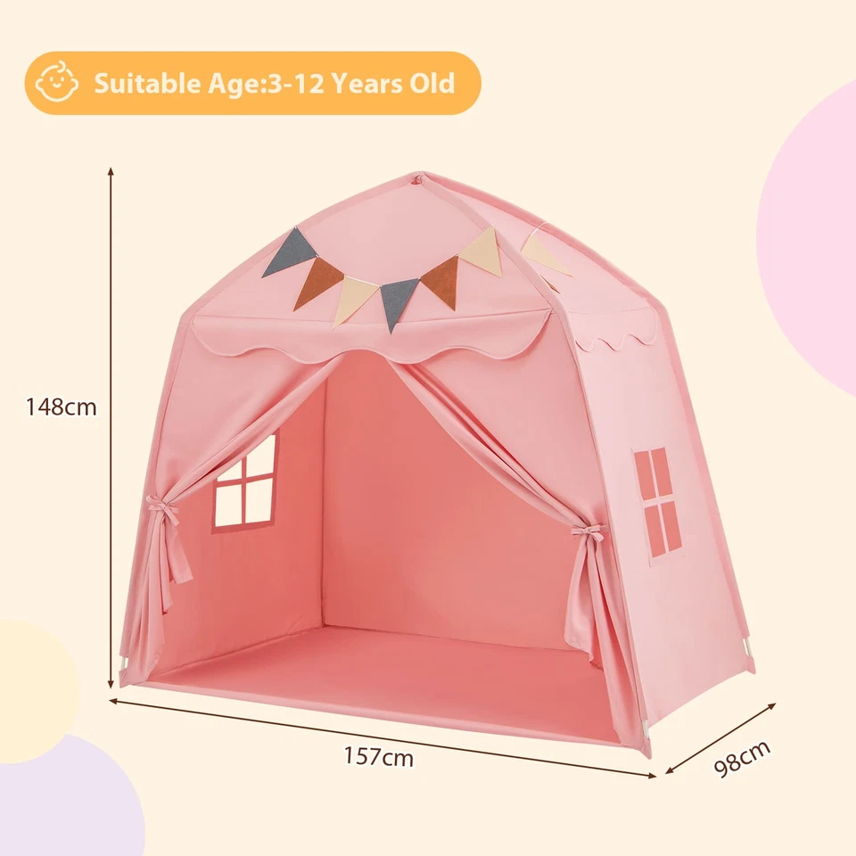 Toddler Bed Tent Play Tent with Flags and Globe String Lights-Pink - Image 3 of 4
