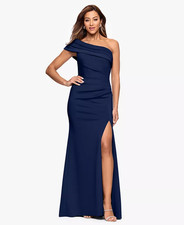 XSCAPE Dress One Shoulder Pleat Long Dress - Size 12 - Navy Blue - NEW W/ Tags