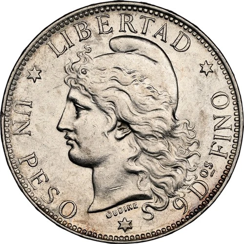 Argentina: Republic Peso 1882 NGC AU-58, KM29. Nice Three-year type coin.