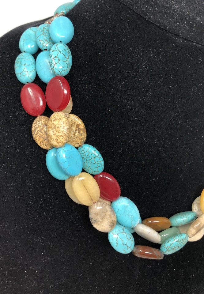 Gemstone Beaded Necklace Sterling Silver Multi Strand - 17 inch Length - Image 4 of 4