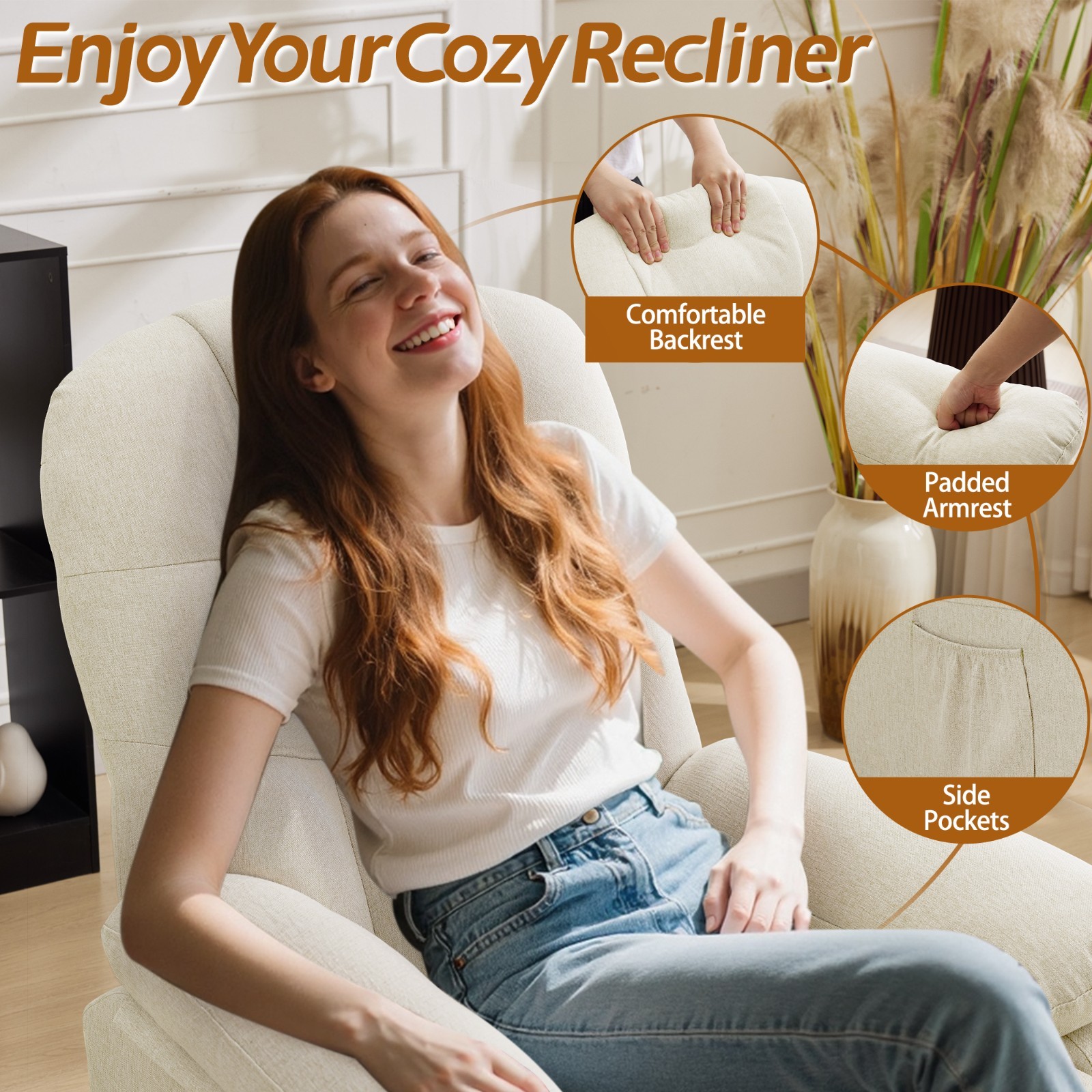 Linen Manual Swivel Rocker Recliner Chair with Side Pockets for Small Spaces