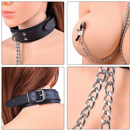 Bondage SM Neck Collar with Breast Clamps Torture Clip Iron Chain BDSM for Women