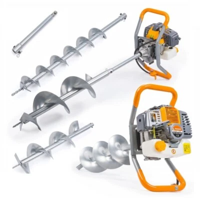 POWERMAT Benzin Erdbohrer 6 PS 8000 Rpm Erdlochbohrer Pfahlbohrer Erdbohrgerät + 3 Bohrer