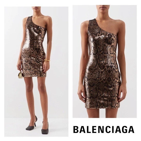 Mini abito nuovo con etichette BALENCIAGA stampa pelle di serpente paillettes bodycon FR 36 2 S $5950