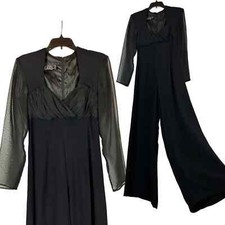 1990s Gothic Black Low Cut Wide Leg Jumpsuit Sheer Sleeve / Women s XS