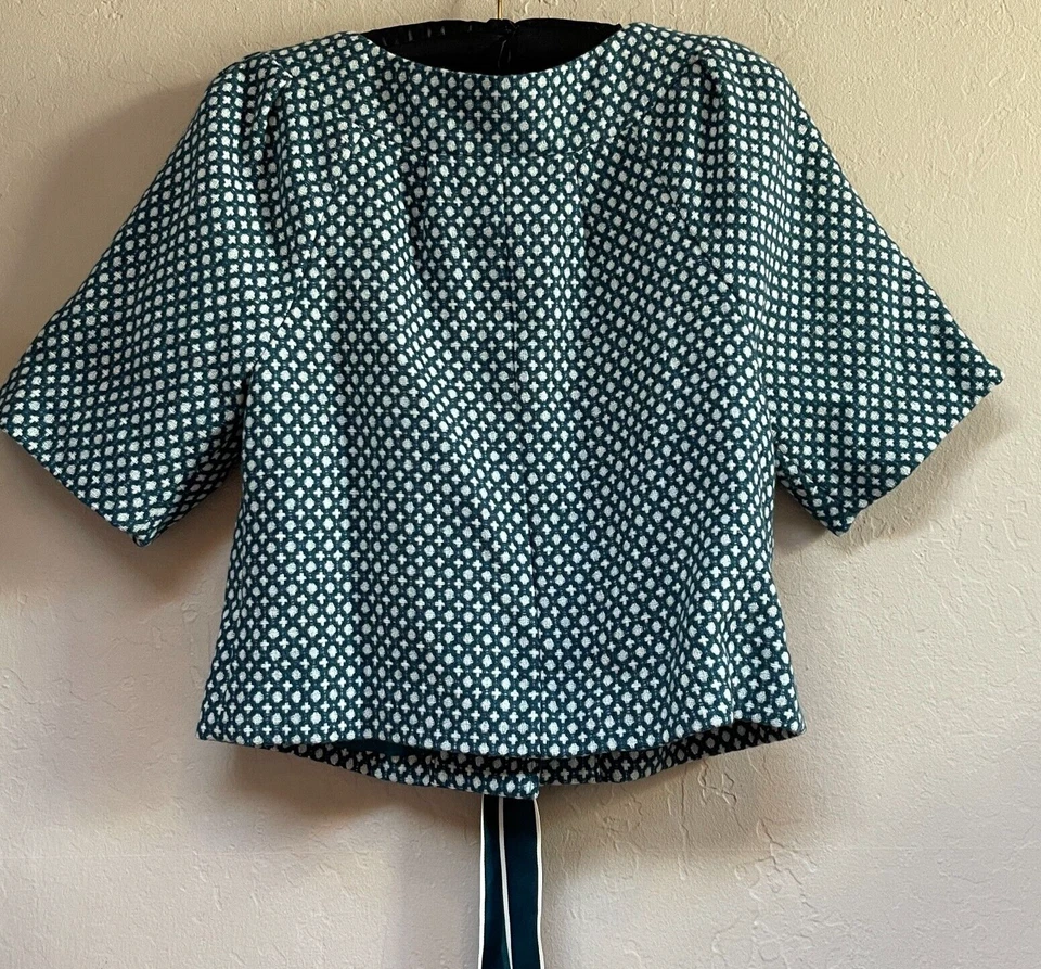 Anthropologie Elevenses Tea Cozy Teal Tweed Tie Front Crop Blazer Jacket Size 4 - Image 2 of 4