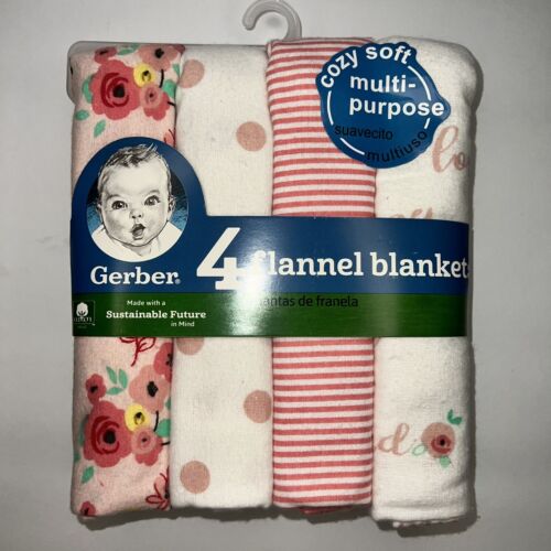 NEW Gerber Baby Girl 4-Pack Cotton Pink Dots Floral Flannel Blankets Oeko-Tex - Afbeelding 1 van 3
