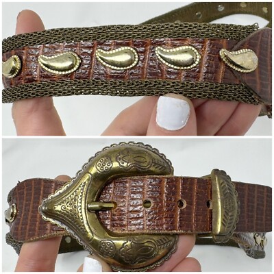 Neiman Marcus Metal Chain Gold Tone Mesh Brown Leather Belt  display picture 1