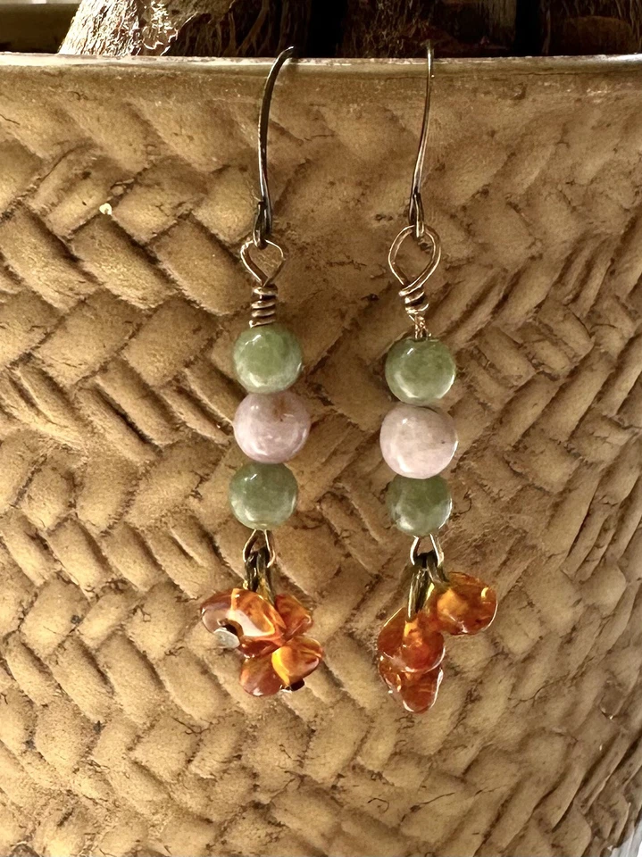Pendientes de bronce genuino ámbar, kuncita, apatita verde NUEVO para otoño Foto 2 de 4