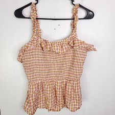 Old Navy Top Womens M Gingham Smocked Square Neck Ruffle Picnic Cottage Peplum