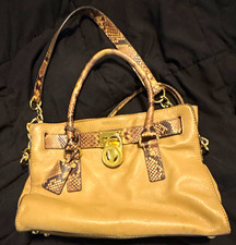 Beige Pebbled Satchel Top Handle Bag Zip Padlock Gold Hardware Medium Pockets
