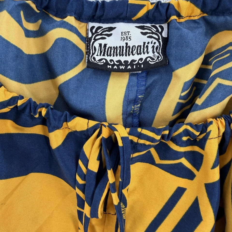 Manuheali'i Shirt Womens XL Yellow Navy Hawaiian Peasant Boho Puff Sleeve Blouse - Image 3 of 4