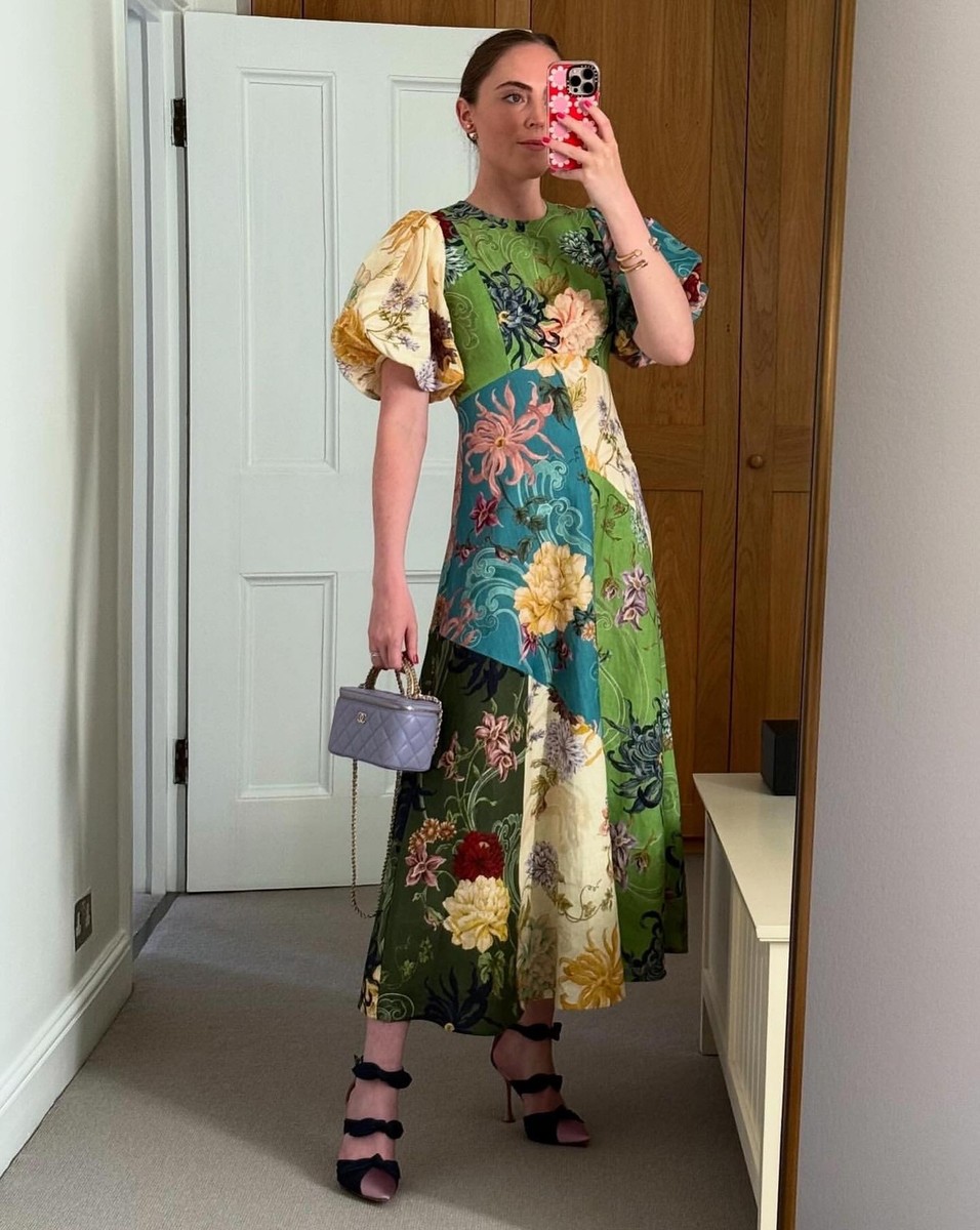 Alemais retro green Linen Spring Blossoms Short sleeved maxi Dress beauty  women | eBay