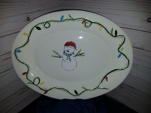 Vtg 18" Christmas Enamelware Snowman With Tangled Light White Platter