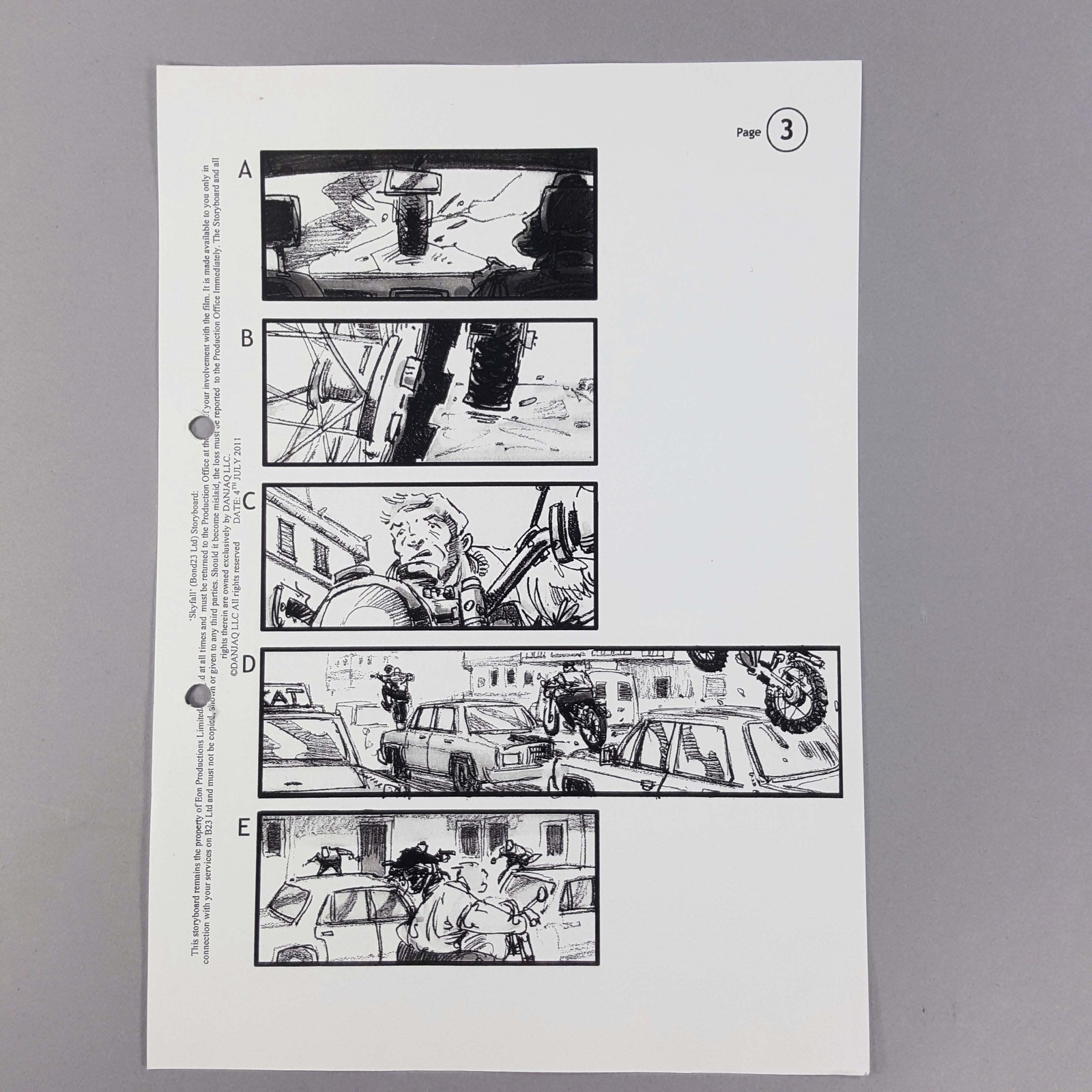 James Bond Skyfall Storyboard Bond Motorcycle Jump Over Cars, Production Used