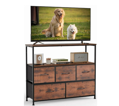 Gianna TV Stand with 5 Fabric Drawers & Adjustable Feet, Rustic Brown