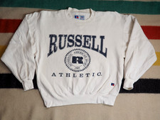 VTG 90s Russell Athletic Spellout Baggy Logo USA White Pullover Sweatshirt Men M
