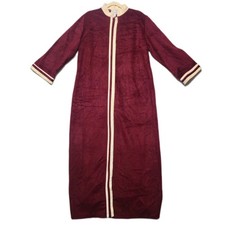 Vintage JCPenney Burgundy Velour Maxi Robe Cream Stripe Button Front Medium USA