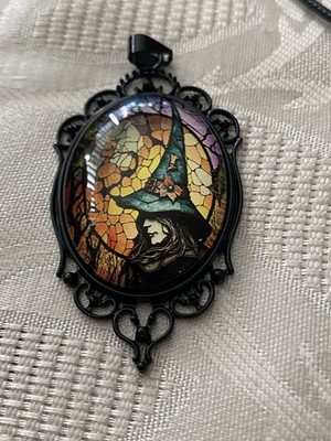 18  Black Cord Necklace Witch In Hat Oval Pendant 2 H x 1.25 W Goth  Gothic Punk