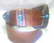 Century Canada Wide Brown Leather Belt Turquoise Stones Glitter Sz 30" 2" W Nice